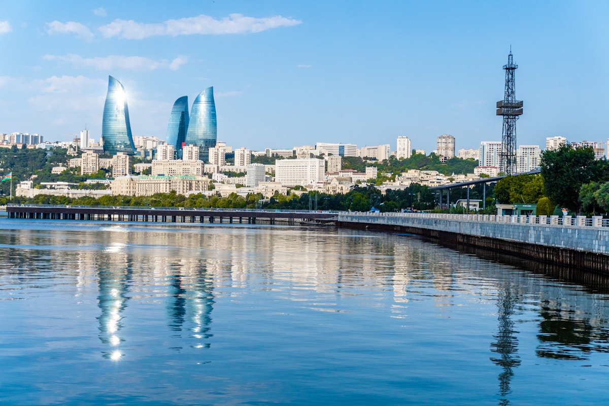 Baku Flame Towers and Caspian Sea Waterfront Skyline, Azerbaijan