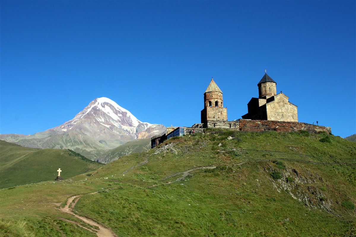 Gergeti Trinity Church and Mount Kazbek Caucasus Mountains, Georgia
